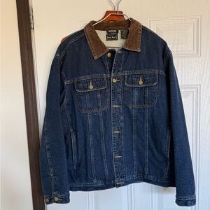 High noon Sherpa fleece lined denim button up jean jacket corduroy collar - L